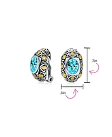 Bling Jewelry Two-Tone Bali Style Aqua Blue Oval Clip-On Earrings with Simulated Aquamarine Cz