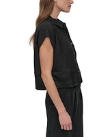 Dkny Petite Reverse-Satin-Trim Cap-Sleeve Blouse