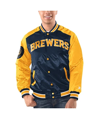 Starter Men's Navy/Gold Milwaukee Brewers Varsity Satin Full-Snap Jacket