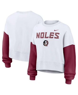 Nike Women's White Florida State Seminoles Color Block Oversized Cropped Pullover Sweatshirt