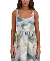 kensie Women's Printed Shimmer Twill Scoop-Neck Midi Dress