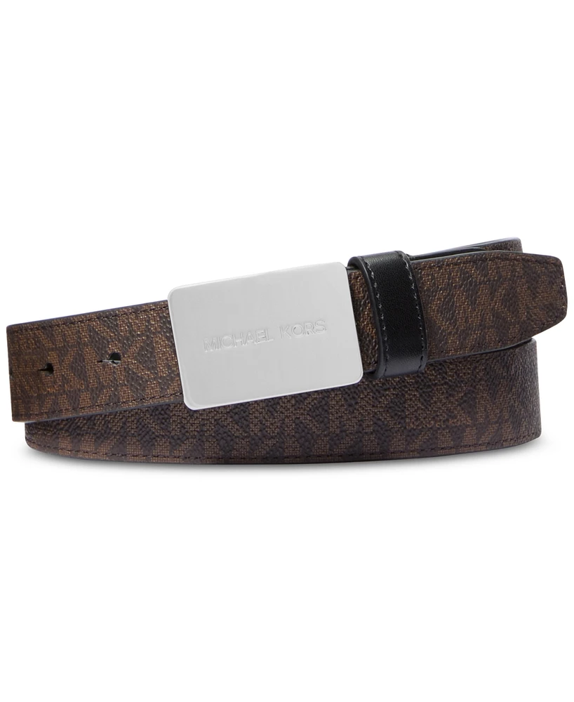 Michael Kors Men's Leather Mk Logo Plaque-Buckle Belt