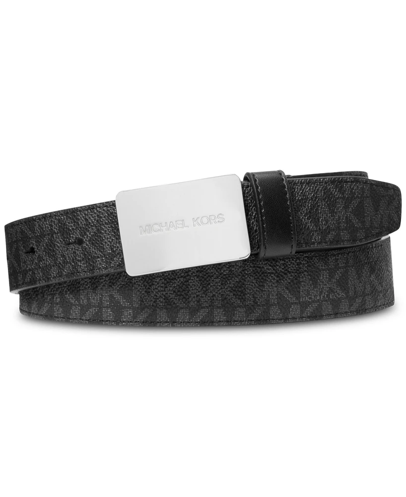Michael Kors Men's Leather Mk Logo Plaque-Buckle Belt