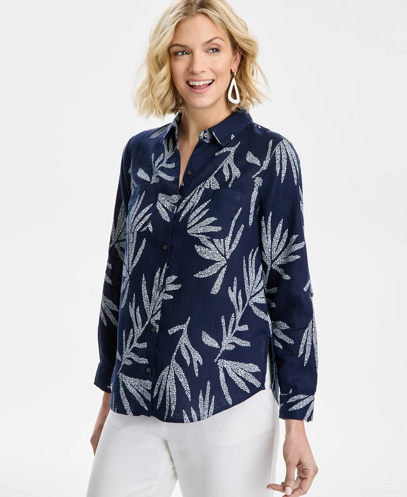 Charter Club Women's Textured-Palm Button-Down 100% Linen Top, Exclusively at Macy's