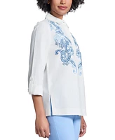 Jones New York Petite Linen-Blend Embroidered Button-Front Shirt