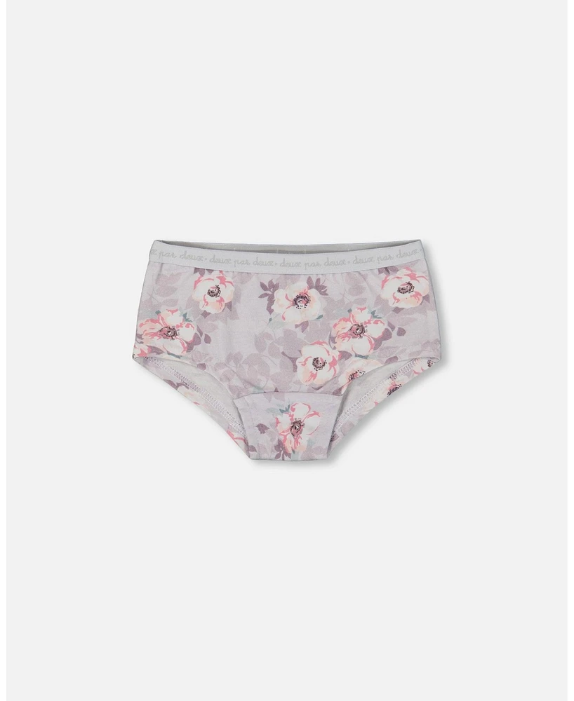 Girl Printed Cotton Boyshort Panty Pale Pink Flowers On Neutral Lilac - Toddler|Child