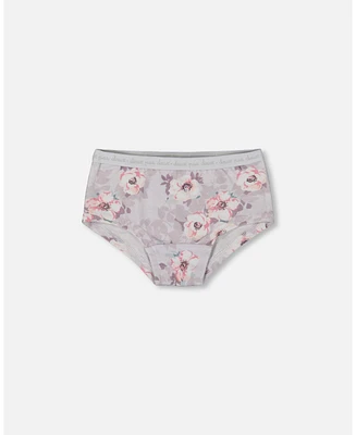 Girl Printed Cotton Boyshort Panty Pale Pink Flowers On Neutral Lilac - Toddler|Child