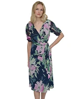 Dkny Women's Floral Tie-Waist Ruched-Sleeve Dress