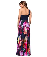 Xscape Women's One-Shoulder Mixed-Media Chiffon Gown