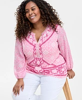 Jm Collection Plus Printed Embellished Top