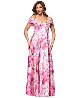 Xscape Women's Printed Off-The-Shoulder Gown