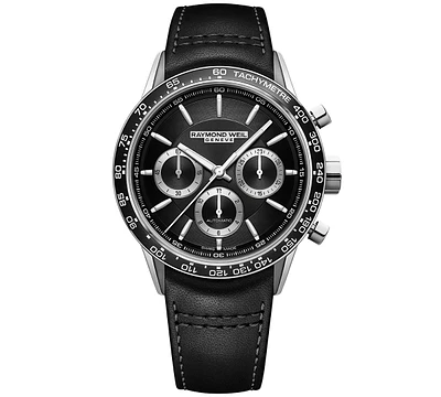 Raymond Weil Men's Swiss Automatic Chronograph Freelancer Black Leather Strap Watch 44mm