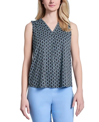 Jones New York Women's Printed V-Neck Sleeveless Pleat-Front Top