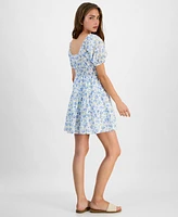 Kingston Grey Juniors' Floral-Print Cotton Puff-Sleeve Mini Dress