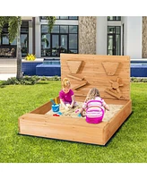 Kids Wooden Square Sandbox with Cover Outdoor Play Area for Sand Play and Protection