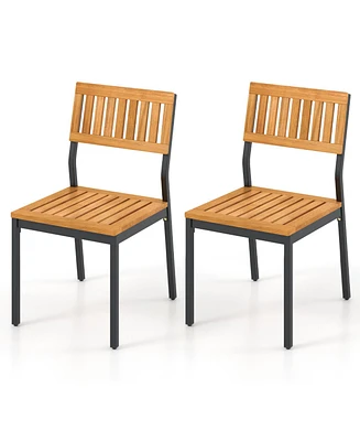 Patio Dining Chair Set of 2 with Metal and Acacia Wood Frame