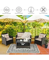 4 Pieces Outdoor Rattan Furniture Set with Glass Table