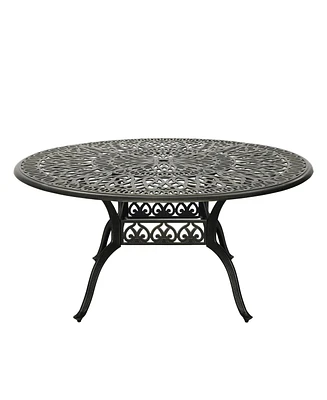 59 Inches Outdoor Dining Table Cast Aluminium Round Table Patio Dining Table with Umbrella Hole All Weather Outdoor Bistro Table for Backyard Garden P