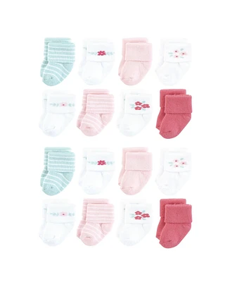 Hudson Baby Cotton Rich Terry Socks 16-Pack, Tiny Flowers, 6-12 Months