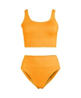 Lands' End Plus Tugless Ribbed Tankini Top and High Waisted Bottom Swimsuit Set