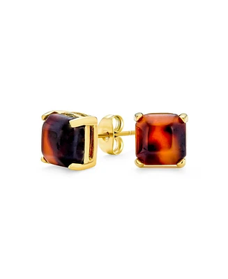 Bling Jewelry Brown Cushion Square Acrylic Tortoise Shell Stud Earrings 8MM Gold Plated Stainless Steel