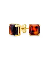 Bling Jewelry Brown Cushion Square Acrylic Tortoise Shell Stud Earrings 8MM Gold Plated Stainless Steel
