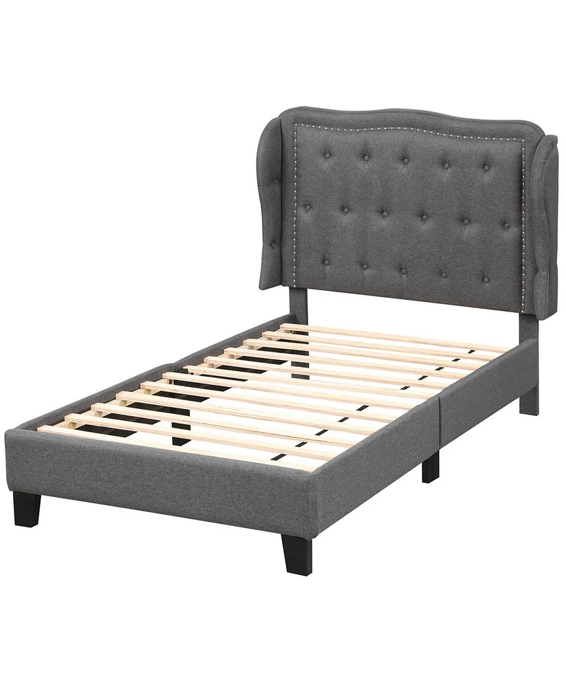 Twin Size Bed Frame with Button Tufted Wingback Headboard Wooden Slats Support