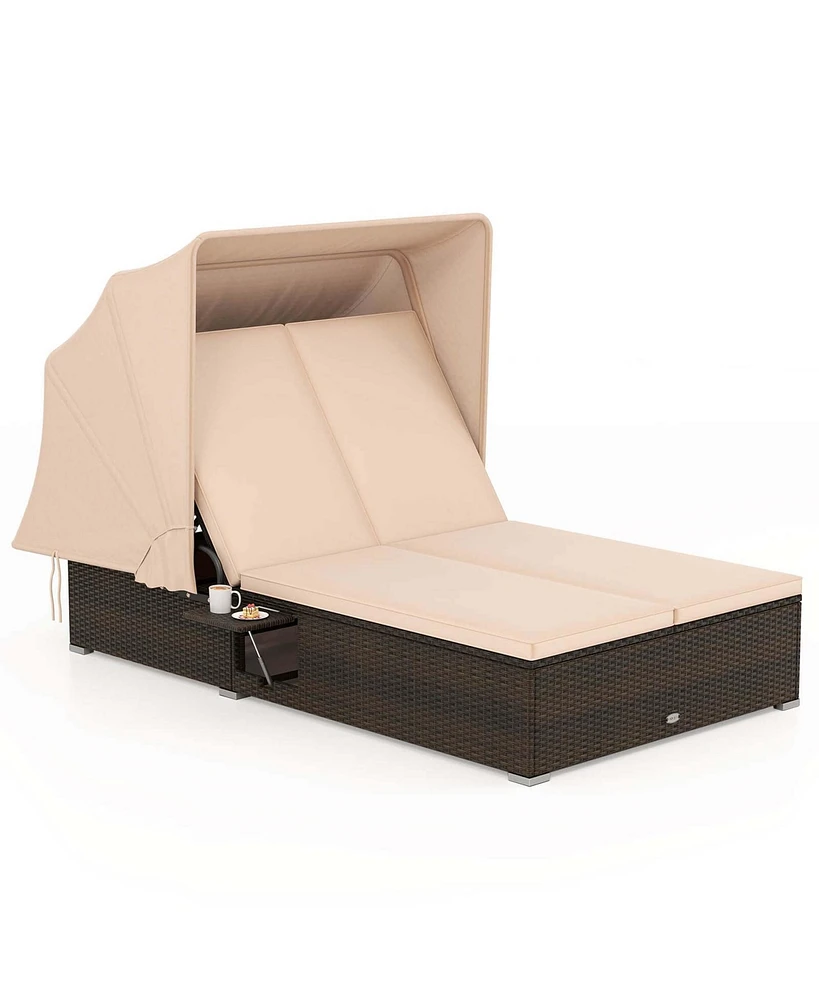 2-person Rattan Lounge Bed with Retractable Canopy 5-position Adjustable Backrest