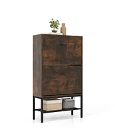 Industrial Shoe Storage Cabinet with 2 Flip Drawers and 1 Bottom Metal Shelf-Brown