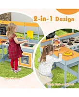 Fir Wood Play Kitchen with Kids Picnic Table and Built-in Bench