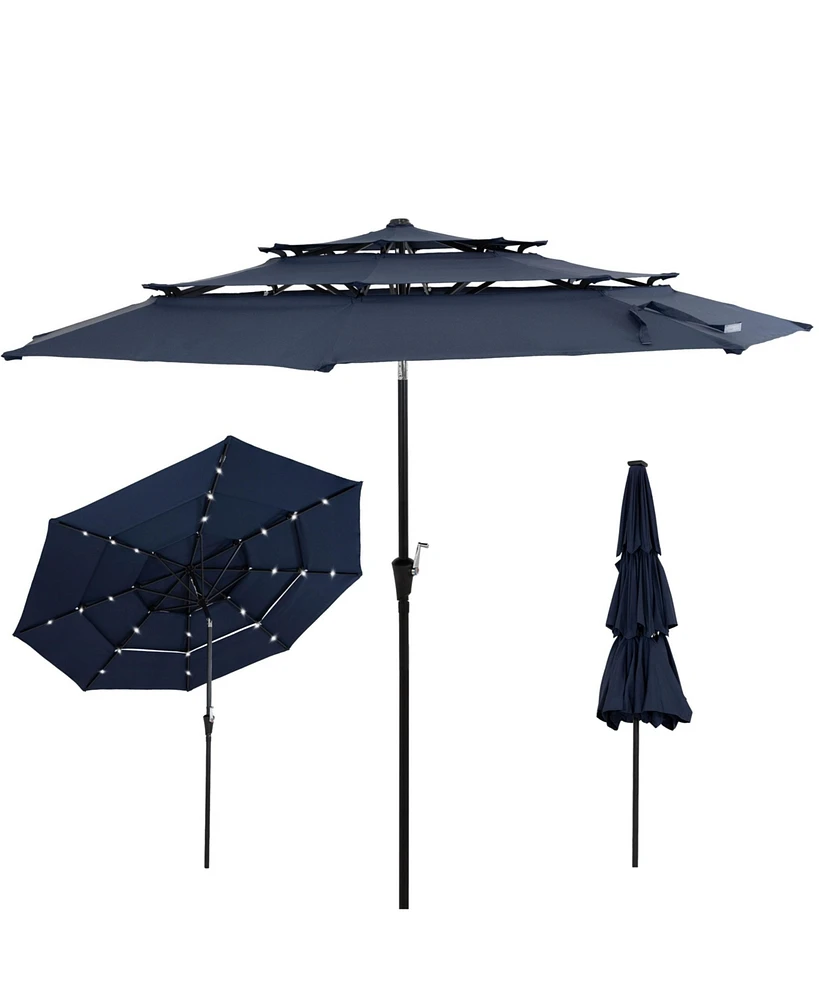 10 ft Outdoor Patio Umbrella with Tilt and Crank - 3-Tier Vented Outdoor Table Umbrella - Navy Blue - With Solar Lights