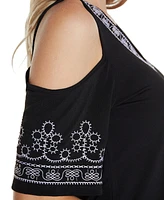 Belldini Women's Embroidered Cold-Shoulder Knit Top