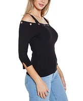 Belldini Women's Rhinestone Grommet Cold-Shoulder Sweater