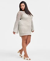 Bar Iii Trendy Plus Long-Sleeve Crochet Mini Dress, Exclusively at Macy's