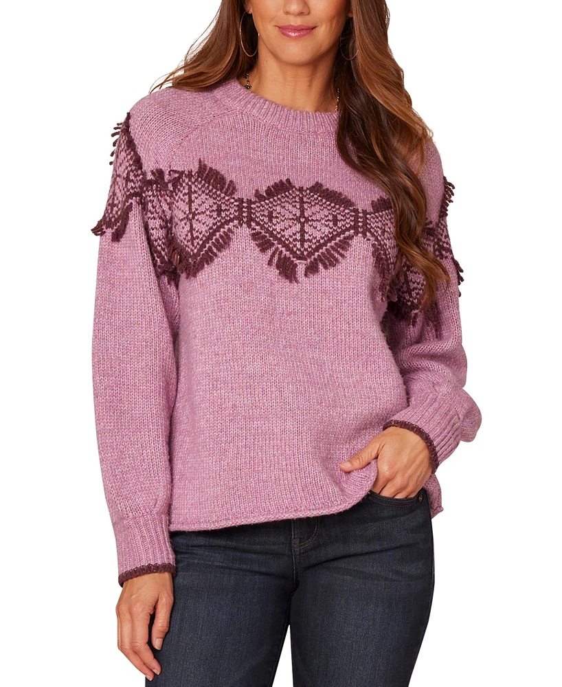 Democracy Women's Jacquard Knit Fringe Sweater