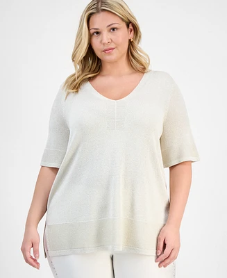 Jm Collection Plus Metallic Shine Elbow-Sleeve Sweater Exclusively at Macy's