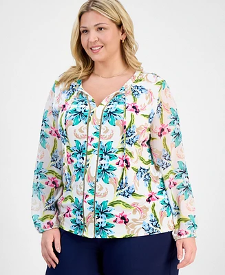 Jm Collection Plus Printed Mixed-Media Top, Exclusively at Macy's