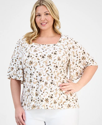 Jm Collection Plus Printed Flutter-Sleeve Top, Exclusively at Macy's