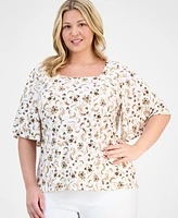Jm Collection Plus Printed Flutter-Sleeve Top, Exclusively at Macy's