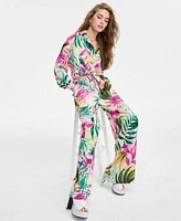 Guess Womens Tie Front Printed Shirt Ines Wide Leg Pants