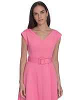 Calvin Klein Women's V-Neck Belted A-Line Scuba Dress