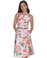 Calvin Klein Women's Floral Belted Jewel-Neck A-Line Dress