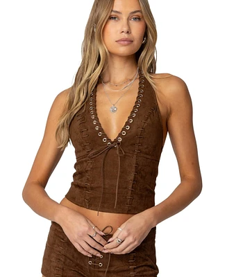 Edikted Womens Sloane Faux Suede Halter Top