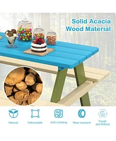 Kids Wooden Picnic Table Set Solid Dining Table with Built-in Benches for Patio