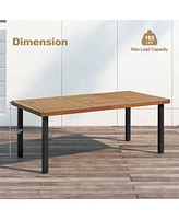 Acacia Wood Dining Table 8-Person Patio Table with Umbrella Hole and Adjustable Foot Pads
