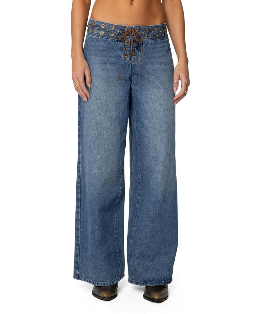 Edikted Womens Stud & Grommet Low Rise Jeans