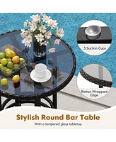 3-Piece Patio Rattan Bar Set with Tempered Glass Top for Backyard Poolside