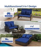 Patio Rattan Daybed Wicker Loveseat Sofa with Multifunctional Ottoman