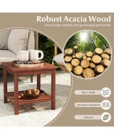 Set of 2 Double-Tier Acacia Wood Patio Side Table with Slatted Tabletop and Shelf