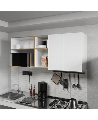 Fm Furniture Wall-Mounted Kitchen Cabinet with Microwave Space, Open Shelves, and Double Doors – Natural Oak and White